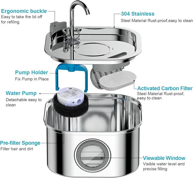 Cat Water Fountain Stainless Steel,108oz/3.2L Automatic Pet Water Fountain,Cat Fountain with Water Level Window,Water Fountains for Cats Indoor with 4 Replacement Filters and 4 Sponges