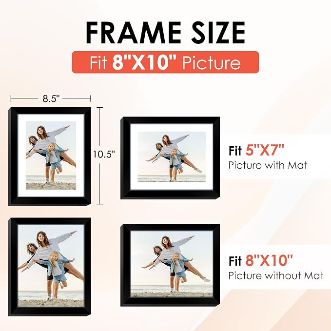 8x10 Picture Frame Set of 6, Black Photo Frames Bulk with HD Plexiglass, Display Pictures 5x7 with Mat or 8x10 Without Mat, Multi Picture Frames Collage for Tabletop or Wall Display