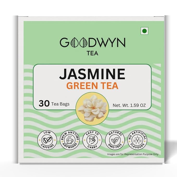 Goodwyn Jasmine Green Tea (30 Tea Bags) | Premium Green Tea with Real Jasmine Blossoms | 100% Natural | Plastic Free Tea Bags | Low Caffeine Non Bitter | Fragrant & Floral | Perfect Hot or Iced | Delicate Scented Tea for Daily Enjoyment