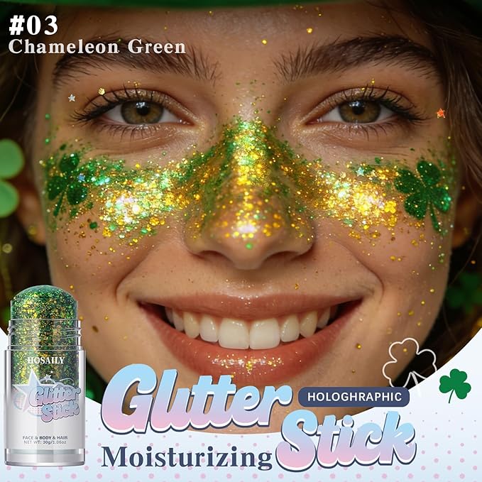 Chameleon Green Body Glitter Stick, Holographic St Patricks Day Accessories Face Hair Glitter Stick Rave Outfits, Shimmer Face Paint Singer Concert Festival Party Christmas Makeup, 1.06 OZ
