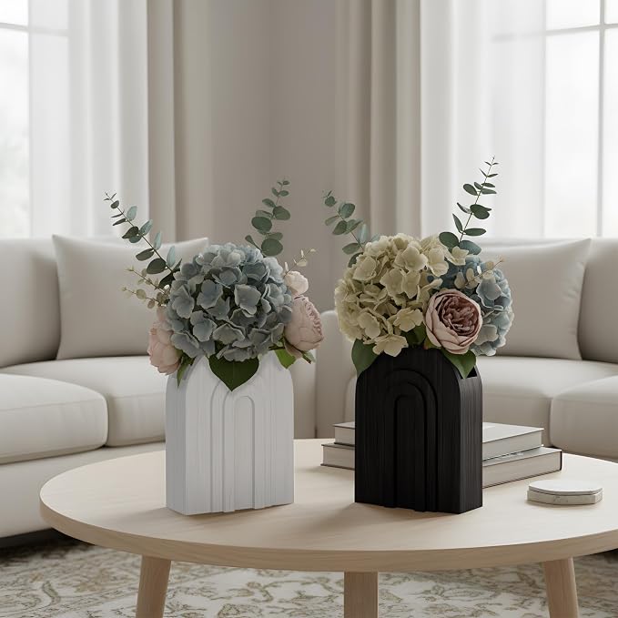 2 Pack Wooden Wall Vase Set in Black and White for Dried Flowers | Two-tone wall-mounted vases for pampas grass and faux greenery; modern boho wall decor for living room, hallway or entryway