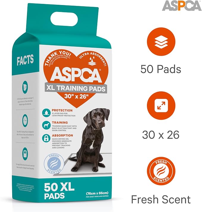 ASPCA Dog Training Pads, XL 26" x 30", Fresh Scented, 50 Count | Scented dog pee pads help control odors with ultra absorbent quick-dry gel, leakproof layers and potty training protection.