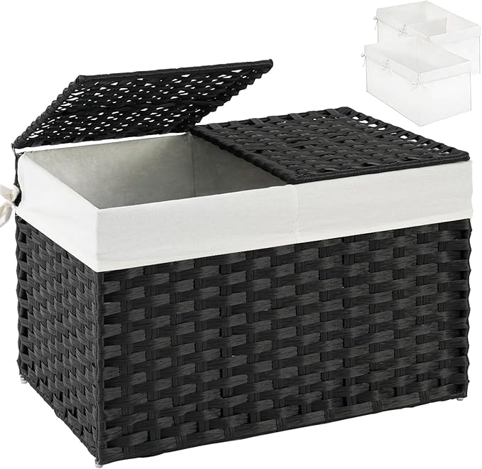 SETVSON Storage Basket with Lid PE Rattan Storage Basket 105L, Black | 27.8 Gallon Storage Bin with 2 Separate Lids, 2 Removable Liners for Clothes & Blankets, Sturdy Metal Frame, PE Rattan