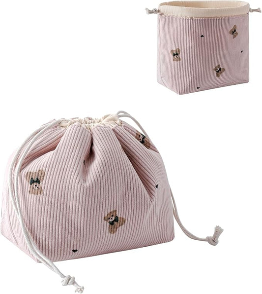 RSRSLEII Aesthetic Corduroy Drawstring Makeup Bag, Cute Coquette Drawstring Cosmetic Bag with Canvas Lining, Bear Pattern Travel Makeup Organizer Case for Women Girls(01Pink Bear)