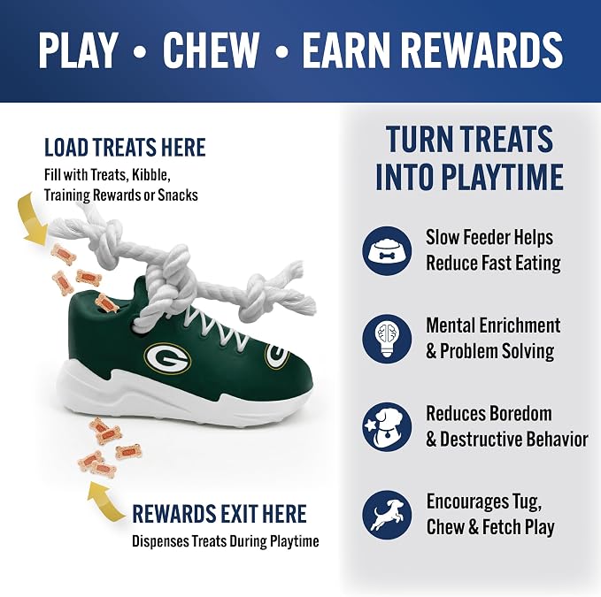 Pets First NFL Green Bay Packers Cleat Sneaker Spike Dog Toy, Football Treat Dispenser Chew Toy for Dogs, Interactive Rope Tug Toy, Slow Feeder Natural Rubber Dog Toy with Official Team Logo