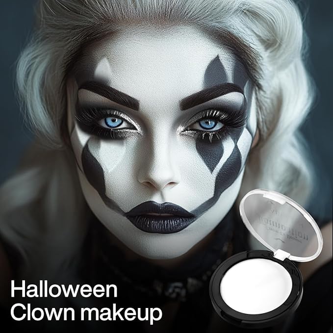 Goth White Cream to Powder Foundation Makeup, Clown White Face Body Paint Concealer for Kids & Adults, Long Lasting Greasepaint for Halloween Makeup Cosplay Joker Vampire Ghost SFX Theater Film Stage