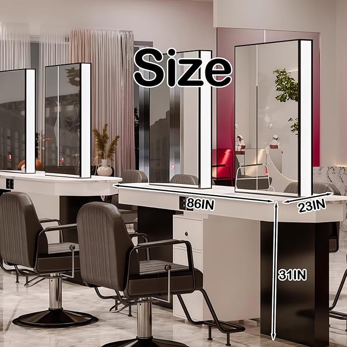 4-Person Salon Station for Hair Stylist with Sleek Modern Glossy Black Design, Barber Station includes LED Mirror, Spacious Countertop, Drawer & Cabinet