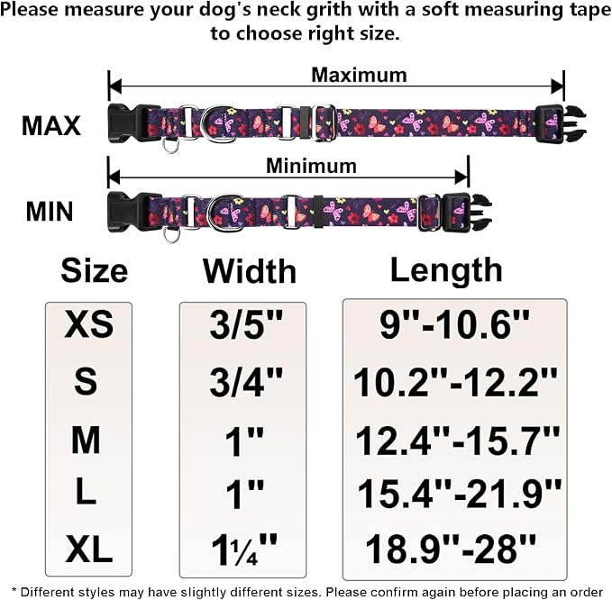 Martingale Collar with Buckle Purple Nylon Adjustable Cute Girl Female Dog Collars (Butterfly Floral, Large)