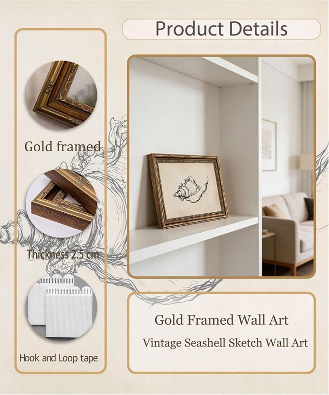Gold Framed Wall Art Vintage Seashell Sketch Wall Art Summer Rustic Neutral Ocean Conch Wall Decor Coastal Beach House Poster Print for Living Room Bathroom Bedroom 9x11in