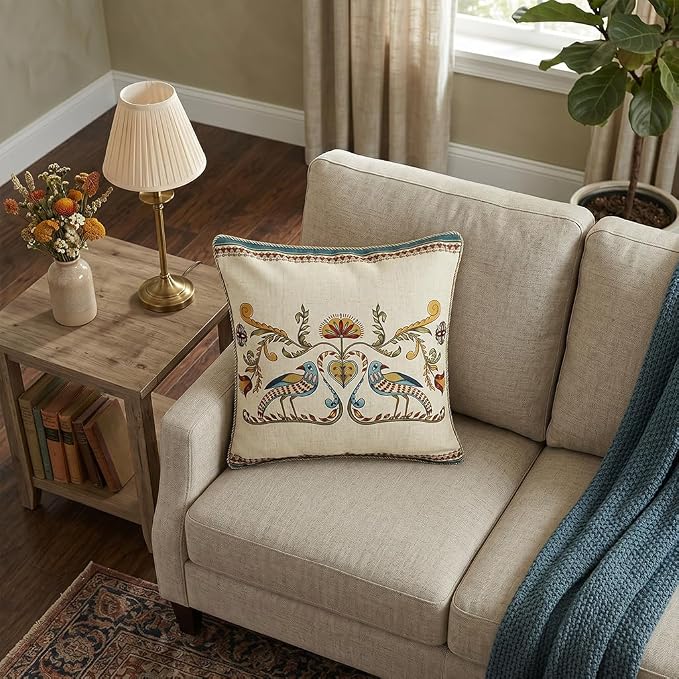 patdrea Designer French Vintage Linen Throw Pillow Cover,18"x18"-Wensel C | RusticDecorative Pillow Case,Bird and Floral Pattern,Cushion Coverfor Couch Living Room Bedroom Sofa