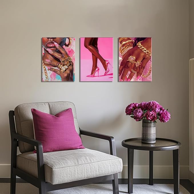 Black Girl Wall Art Set of 3 Pink Fashion Black Woman Canvas Wall Decor Pictures African American Women Paintings Home Decor Posters Prints for Living Room Bedroom Bathroom 12x16Inch Framed