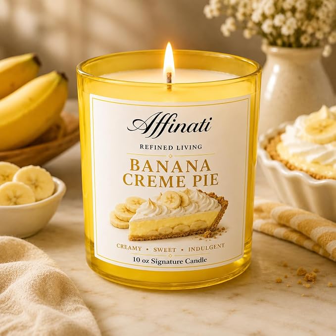 Affinati Banana Creme Pie 10 oz Scented Candle – Long Lasting Luxury Soy Blend Candle for Home, Strong Scent Throw Sweet Fruit Gourmand Bakery Candle, Premium Home Fragrance Aromatherapy Gift