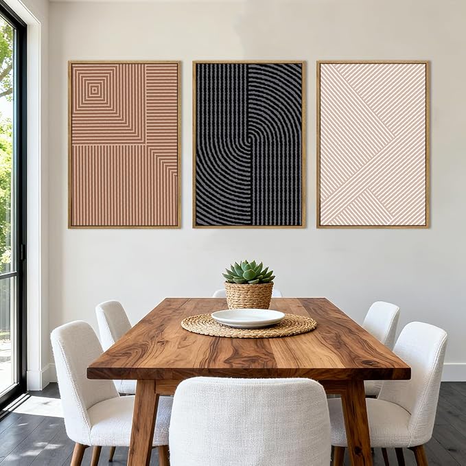 ANHUIB Neutral Abstract Modern Canvas Wall Art Set of 3 Framed Black and White Beige Wall Decor Boho Minimalist Artwork for Walls Geometric Line Painting for Living Room Bedroom Office 16x24 Inch