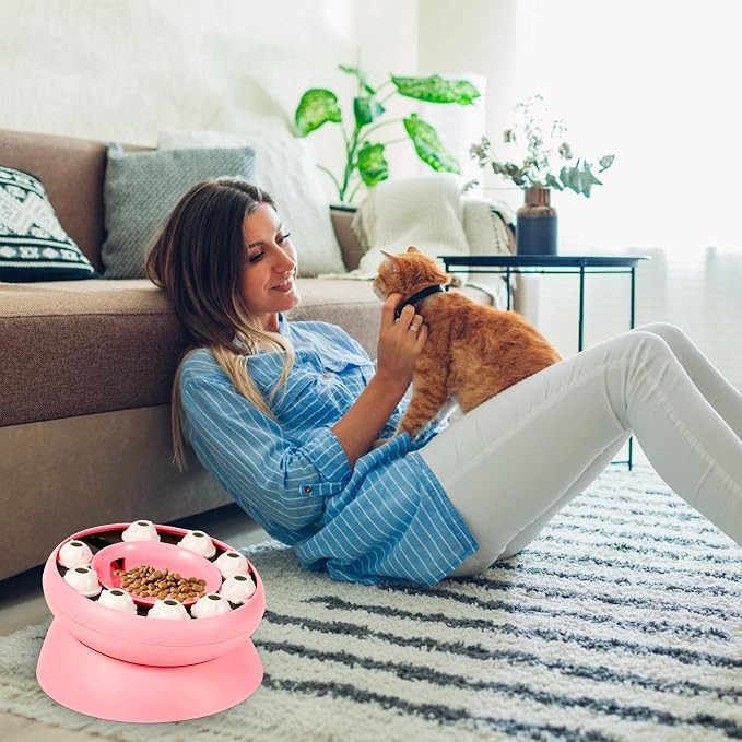 Cat Puzzle Feeder Slow Food Bowl – Interactive Slow Feeder Bowl for Indoor Cats, Treat Dispensing Enrichment Toy,Mental Stimulation and Boredom Relief (Pink)