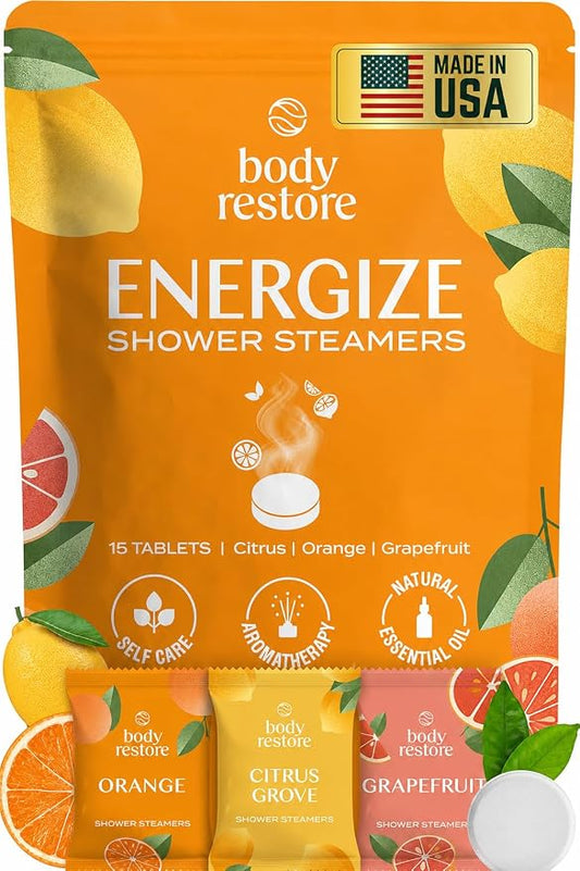 Body Restore Shower Steamers Aromatherapy 15 Pack – Fathers Day Gift for Dad, Birthday Gifts for Women & Men, Spa Stress Relief & Relaxation Self Care Gifts – Premium Citrus Essential Oil Tablets