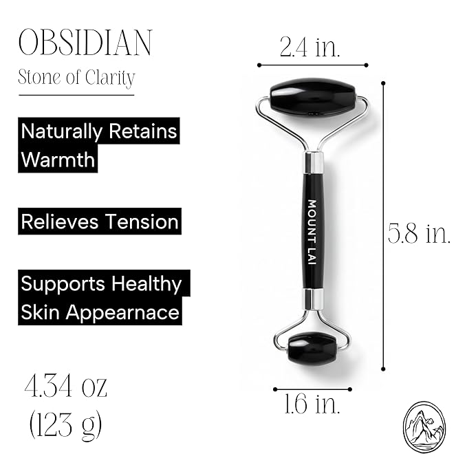 Mount Lai Warming Black Obsidian Facial Roller – The Stone of Clarity, Detoxifying Face Roller Tool for Purified Skin, Relaxation & Improved Circulation, Facial Massager Tool for Self-Care Ritual