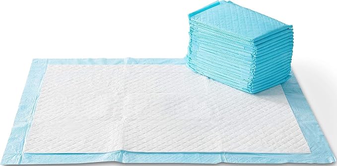 Amazon Basics X-Large Heavy Duty Absorbent Puppy Potty Pads, Leak-Proof, Quick-Dry, Super Absorbent Gel Technology for Dog Training, 28 x 34 Inches, Blue & White, Pack of 50