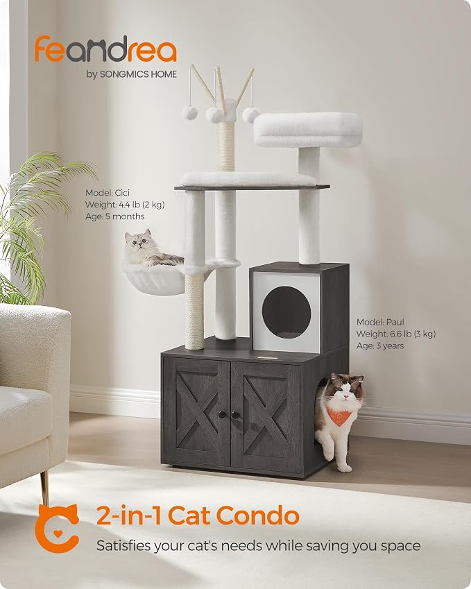 Feandrea Cat Tree with Litter Box Enclosure, 59-Inch Modern Cat Tower | 2-In-1 Condo with Scratching Posts, Washable Removable Cushion, Misty Gray UPCT113G02