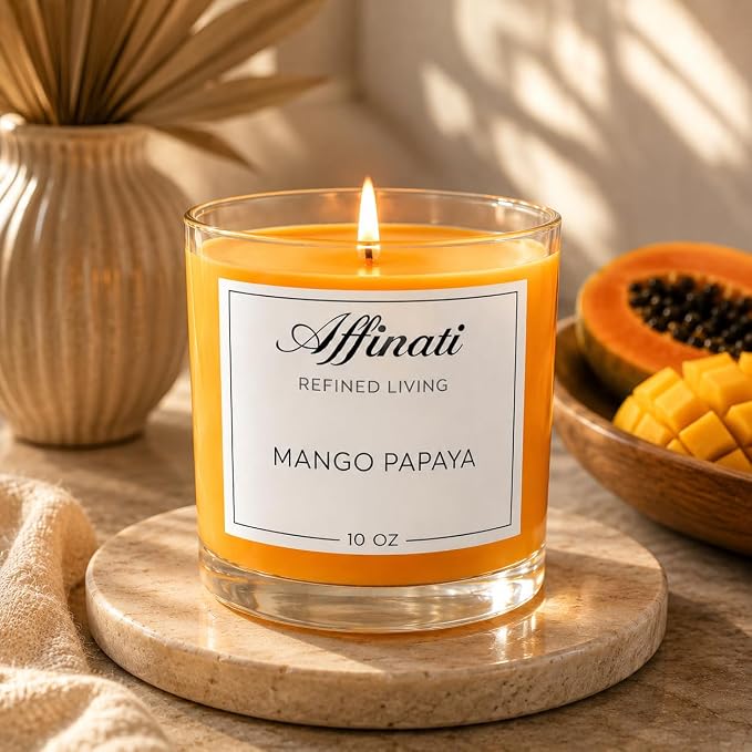 Mango Papaya Affinati 10 oz Scented Candle for Home – Long Lasting Fruity Soy Blend Candle with Wooden Wick, Strong Scent Throw Glass Jar Candles, Premium Clean Burning Aromatherapy Gifts
