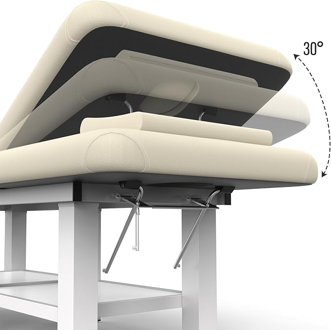 Beige Grey Wide Stationary Massage Table with Backrest for Treatment Table Physical Therapy Table Spa Facial Bed, Metal Frame PU Leather 31.5'' Wide 75'' Long Heavy Duty Professional Massage Bed