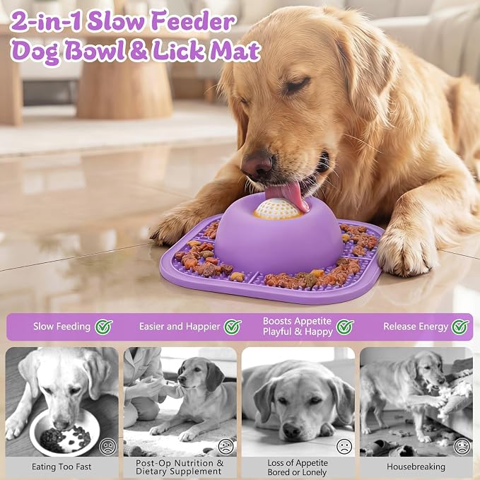 Slow Feeder Dog Bowls & Lick Mat for Liquid and Thick Treat, Anti-Slip Dog Lick Bowl with Interactive Rolling Ball, 5/6 Cup Pup Licking Toy for Large Medium Small Dogs and Cats Purple