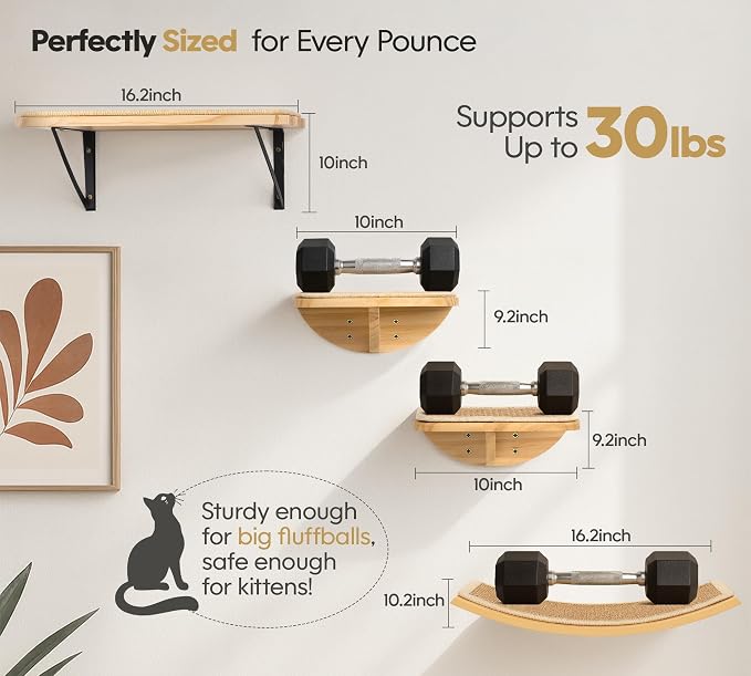 Wood Cat Wall Curved Bed with Sisal Mat, Cats Shelf for Sleeping Scratching | Ergonomic Curved Design, Scratchable Sisal Pad, Wall Mounted
