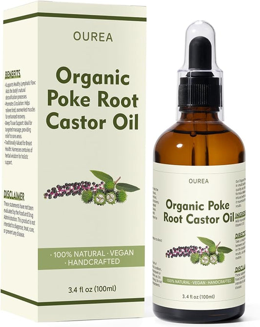 Poke Root Castor Oil Organic - 3.4 Fl Oz (100ML) - Lymphatic Support Massage Liquid, Natural Deep Tissue Relief Drops for Boils, Fibroids, Cysts, Swollen Lymph Nodes, Breast & Joint Health