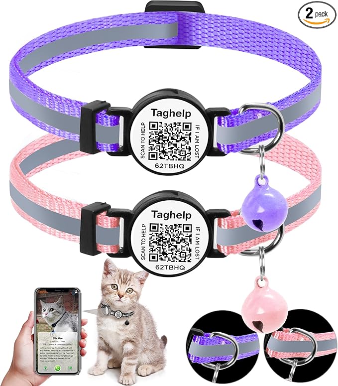 2 Pack Breakaway Cat Collar with QR Code & Bell, Reflective Safety Collar with Never-Lost Digital ID Tag, Adjustable 7.5-12.5 Inch for Indoor Outdoor Cats (Purple & Pink)