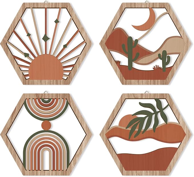 4 Pcs Boho Wall Art Decor, Bohemian Geometric Hanging Wood Sign for Living Room, Aesthetic Abstract Desert Cactus, Minimalist Farmhouse Botanical Wooden Plaque for Apartment Bedroom(11''x9.8'')
