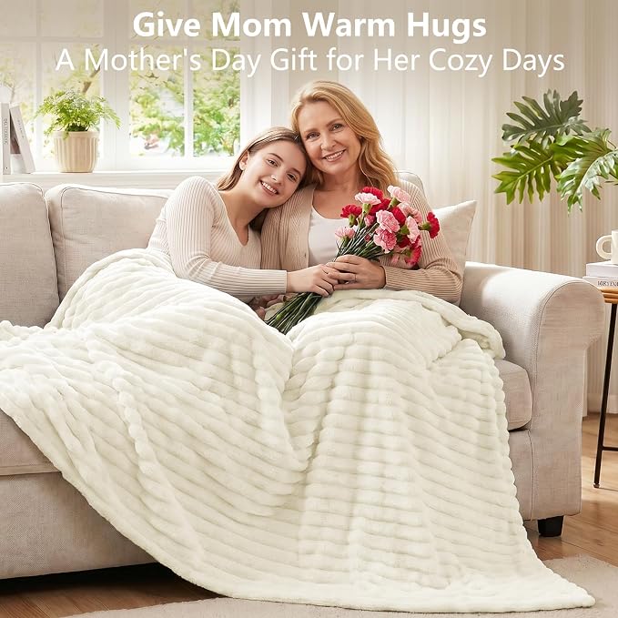 Cream White Blankets Queen Size for Bed, 90 x 90 Inch | 300GSM Ribbed Fleece Blanket, Soft, Cozy & Lightweight, OEKO-TEX Certified, All-Season for Bedrooms, Guest Rooms & Gifting