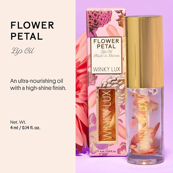 Winky Lux Flower Petal Lip Oil - Silky Shine & Hydrating Non Sticky Lip Gloss, Infused with Real Flower Petals & Nourishing Jojoba Oil, with Soft Vanilla Scent