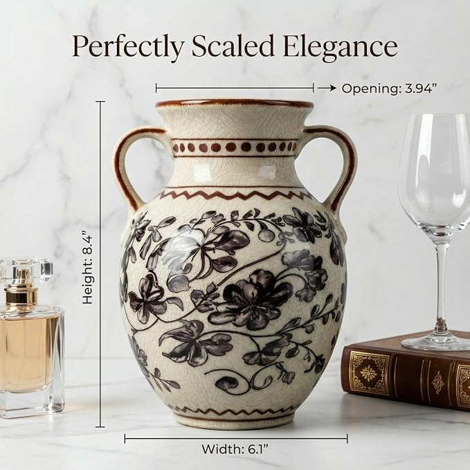 EFISPSS Ceramic Vintage Vase,Chinoiserie Rustic Farmhouse Floral Spring Decor for Home Decor Living Room Fireplace Office, Grey