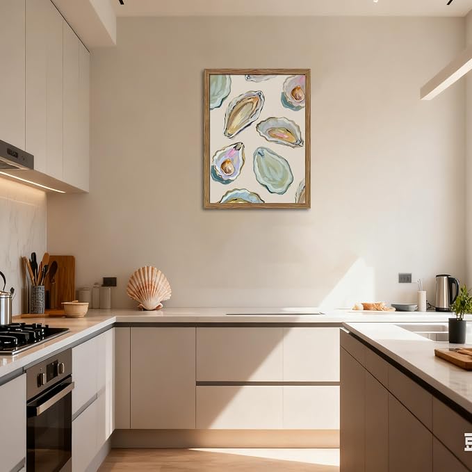 Framed Oyster Shell Canvas Wall Art, Colorful Abstract Wall Art Print, Coastal Beach House Wall Decor, Summer Dining Room Picture Poster, Modern Kitchen Oyster Oil Painting Artwork 12x16 inch