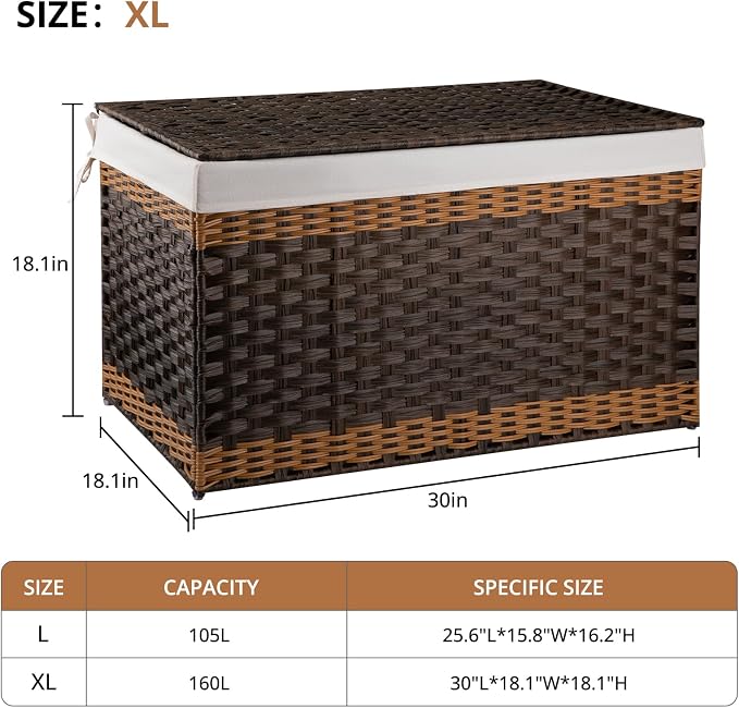 OIAHOMY Storage Basket with Lid, 42.3 Gallon (160L) Blanket Basket with Removable Liner Bag, Synthetic Wicker Hamper with Handle, Foldable, Hamper for Living Room, Brown