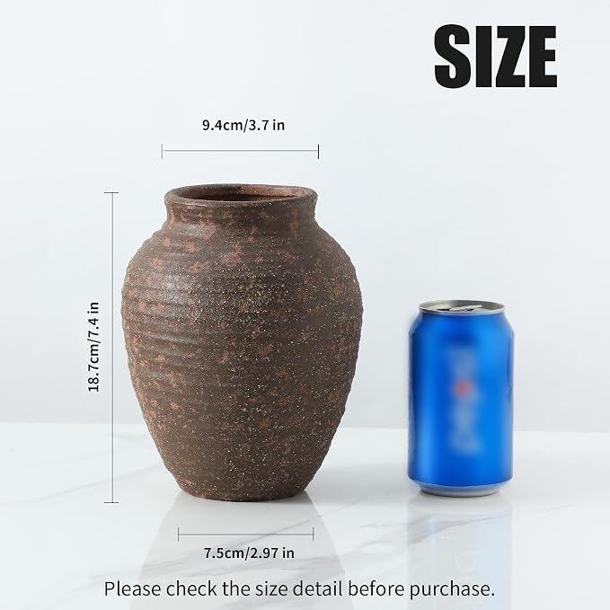 Ceramic Flower Vase 7.4 inch Farmhouse Rustic Vase for Home Decor Handcrafted Pottery Vase Small Terracotta Vases for Dining Table Decor Fireplace Living Room Bathroom Wedding Centerpiece