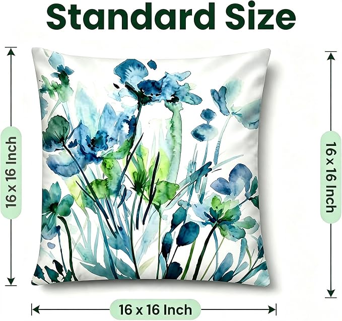 COMMINY Green Floral Throw Pillow Covers 16x16 Set 6 Farmhouse Summer Decor | Decorative Flower Bloom, Watercolor Cushion Cover, Breathable Linen, Accent Pillow, Chair, Small Sofa, Spring Home Decor