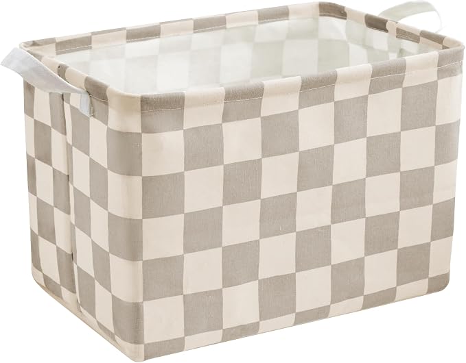 Ohocut Beige Khaki Checkered Canvas Basket, Rectangular Organizing Decorative Storage Basket for Kids Dog Toy, Cute Aesthetic Race Cars Boy Room Decor for Home, Kitchen, Bedroom, Classroom, Shelves