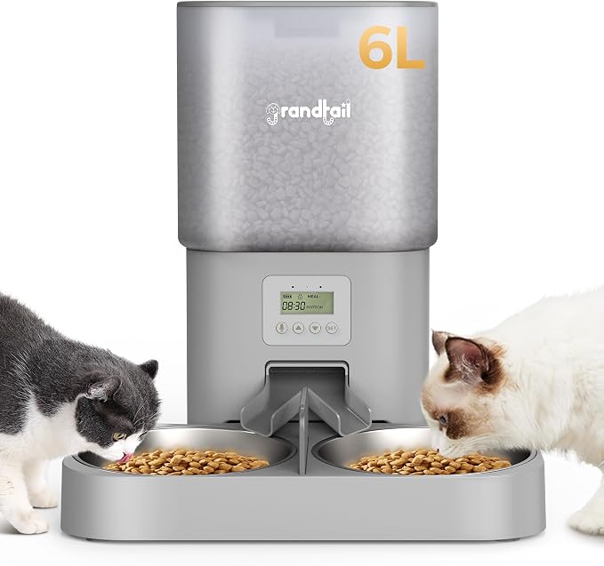 6L Automatic Cat Feeder with Dual Bowls, Button Control, Gray | Schedules 1-4 meals daily with adjustable portions, 10-second voice recording, locking lid, and AC or battery backup power.