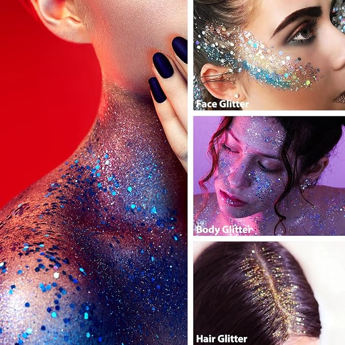 Mysense Silver Body Glitter Stick,Face Hair Glitter Makeup,Sparkling Mermaid Sequins Chunky Glitter Face Paint,Singer Concert Outfit Festival Rave Accessories for Women and Kids