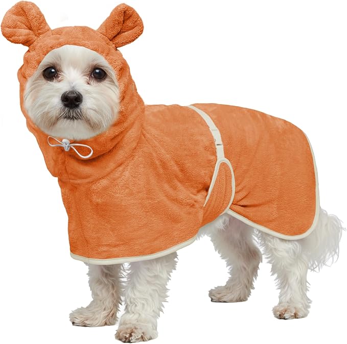 Dog Bathrobe Super Absorbent Towel Robe - Microfiber Bath Towels Fast Drying Coat for Dogs, Cute Dogs Clothes Adjustable Collar & Belly Strap Warm Keeping Hooded Dog Towel (Orange, Large)