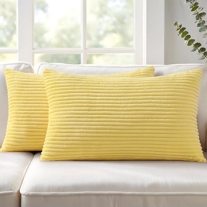 Mecatny Corduroy Throw Pillow Covers 12x20 Set of 2 Sundress Yellow | Soft Striped Texture, Hidden Zipper Design, Neutral Boho Lumbar Pillow Cases for Sofa Couch Living Room Bedroom, Home Décor