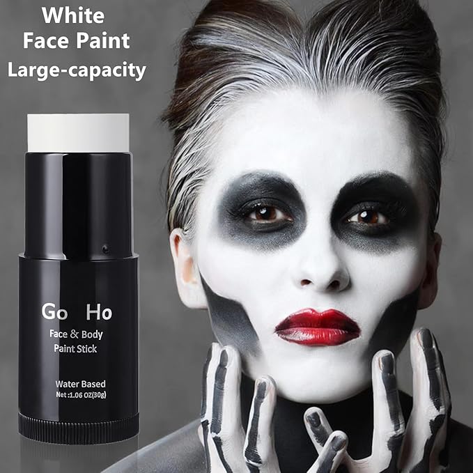 Go Ho White Face Paint,Washable Formula Face Paint Stick,Non-toxic Full-coverage Cream to Powder White Face Body Paint for Halloween Cosplay Zombie Skeleton Clown Goth Makeup