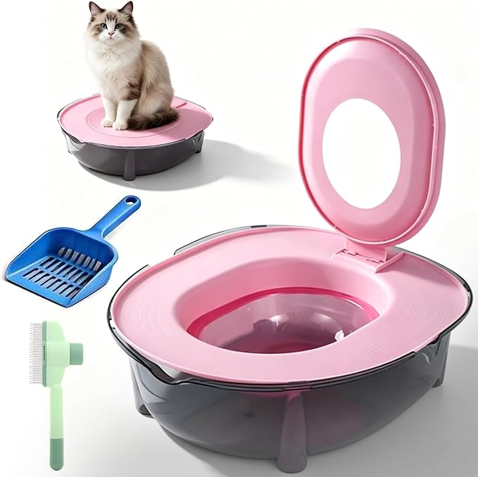 Cat Potty Training Kit for Indoor Cats, Portable Cat Toilet with Raised Anti-Splash Edge, Easy Clean Thickened PP Litter Box for Small and Medium Cats (Pink)