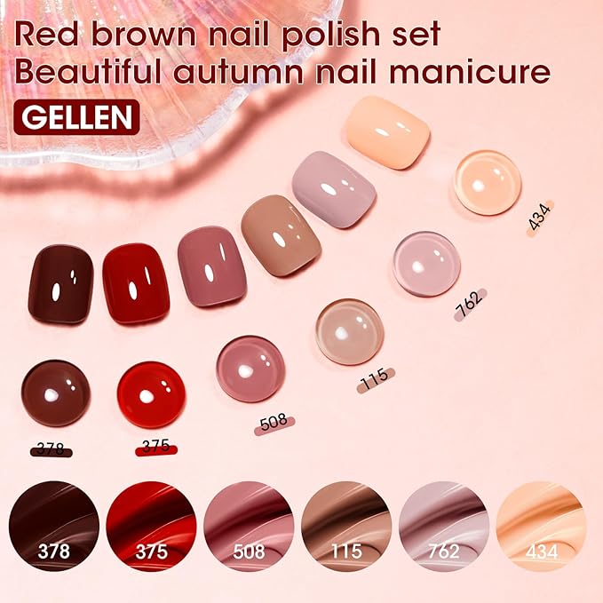 GELLEN Nail Polish Set, Nude Red Brown Quick Dry Traditional Regular Nail Polish Fall Winter 6 Colors Set for Finger Toe & Acrylic Fake Nails Home Salon, Non UV Gel, TPO HEMA Free, Non-toxic