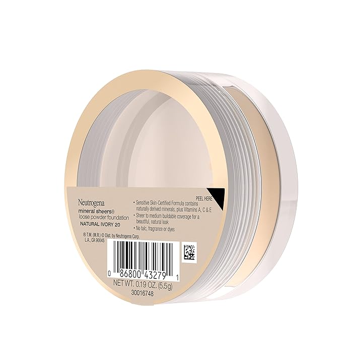 Neutrogena Mineral Sheers Loose Powder Makeup Foundation Lightweight Face Makeup Sheer to Medium Buildable Coverage-Sensitive Skin Foundation with Vitamin A, C, & E, Natural Ivory 20,19 oz (Pack of 2)