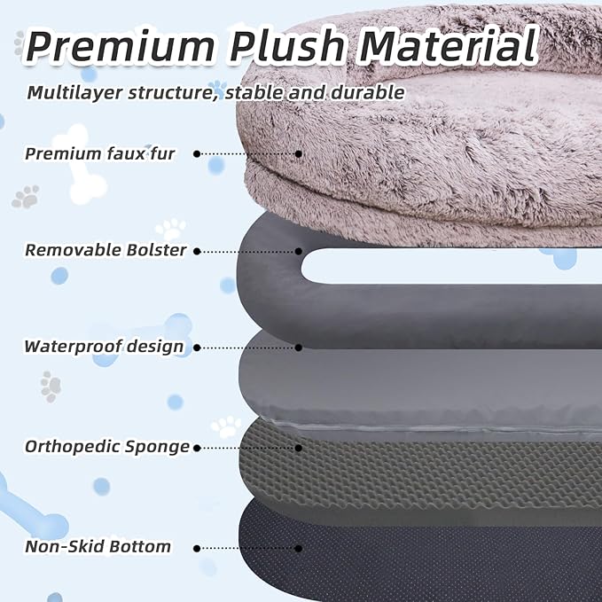 WROS Human Dog Bed for Adult, 71"x45"x12" Giant Calming Nest Bed, RustWhite | Washable Soft Faux Fur Cover, Orthopedic Foam Support, Non-slip Bottom, Includes Blanket, Strap & Pillow