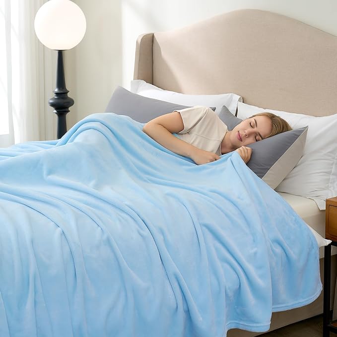 Hansleep Queen Light Blue Fleece Blanket, Soft Flannel Bed Blanket | Fuzzy Cozy Blanket 90x90 Inches, Multi-use for Bed, Sofa, Couch, Travel, Camping, All Season Warm Lightweight Cover