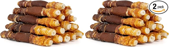 MON2SUN Dog Treats, Triple Flavor 5 Inch Chicken Liver Duck and Chicken Wrapped Rawhide Snacks for Small and Medium Dogs, 10.58 Oz (15 Count-Pack of 2)