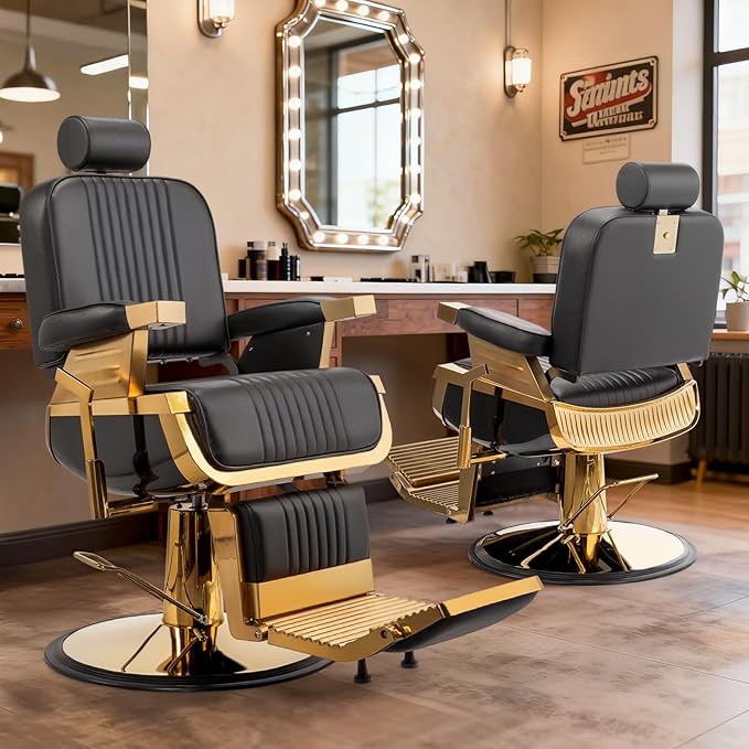 Winado Heavy Duty Vintage Barber Chair, Hydraulic Reclining Salon Chairs for Hair Stylist with Footrest & Headrest, 360° Swivel All Purpose Chair Salon Beauty Spa Shampoo Equipment, Black & Gold