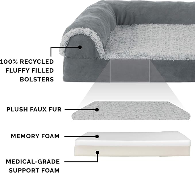 Furhaven Memory Foam Dog Bed for Large Dogs w/ Removable Bolsters & Washable Cover, For Dogs Up to 95 lbs - Two-Tone Plush Faux Fur & Suede L Shaped Chaise - Stone Gray, Jumbo/XL